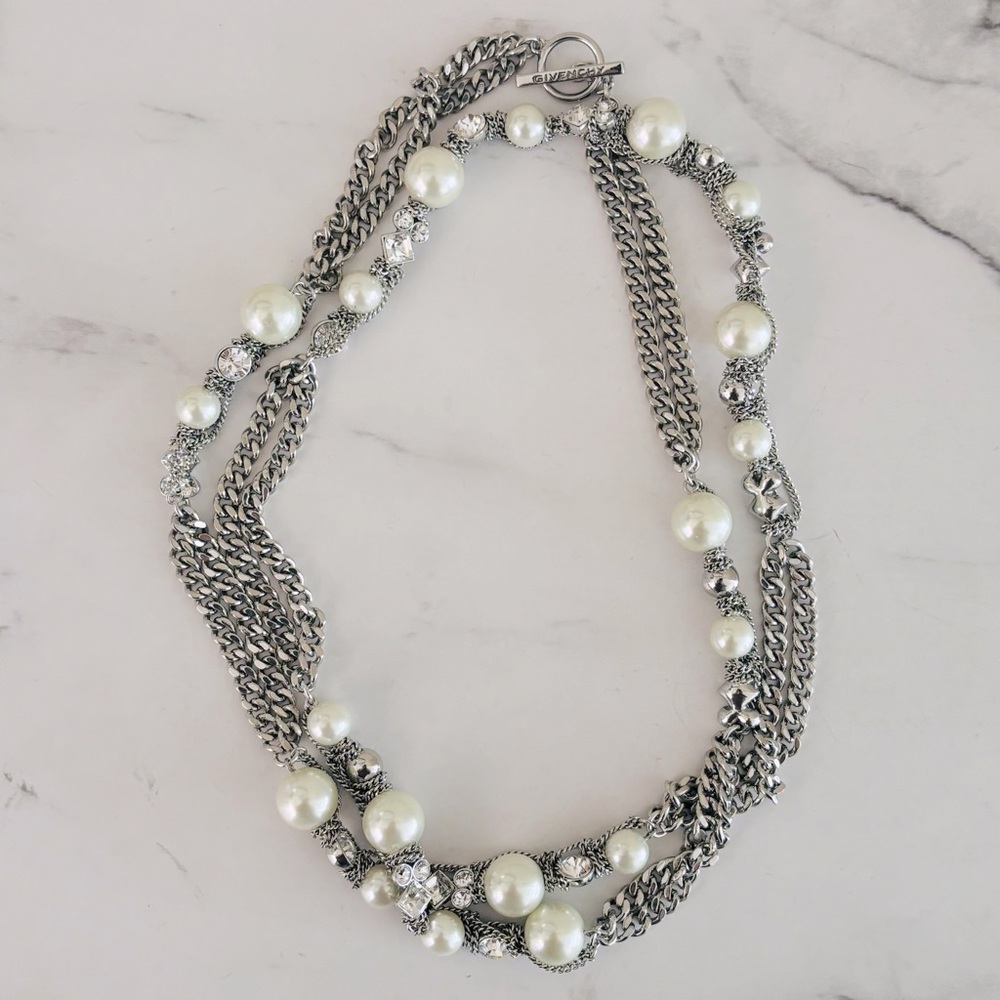 Givenchy Couture Silver Rhodium Plated w Faux Pearls & Rhinestones Necklace - Picture 2 of 5